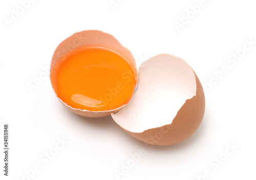 Chicken egg,yolk and half eggs isolated on the white background,top view