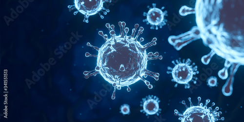 Coronavirus microscope 3D virus illustration dark blue background with copy space.