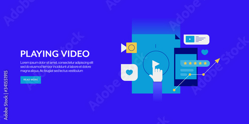 Social media, webinar and video marketing strategy, web banner. Flat design with blue background and text. Internet and communication concept.