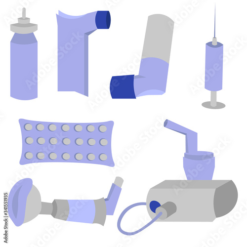 Set of objects for the treatment of asthma. Inhalers, spicer and nebulizer. Pills and injections. Blue medical design.