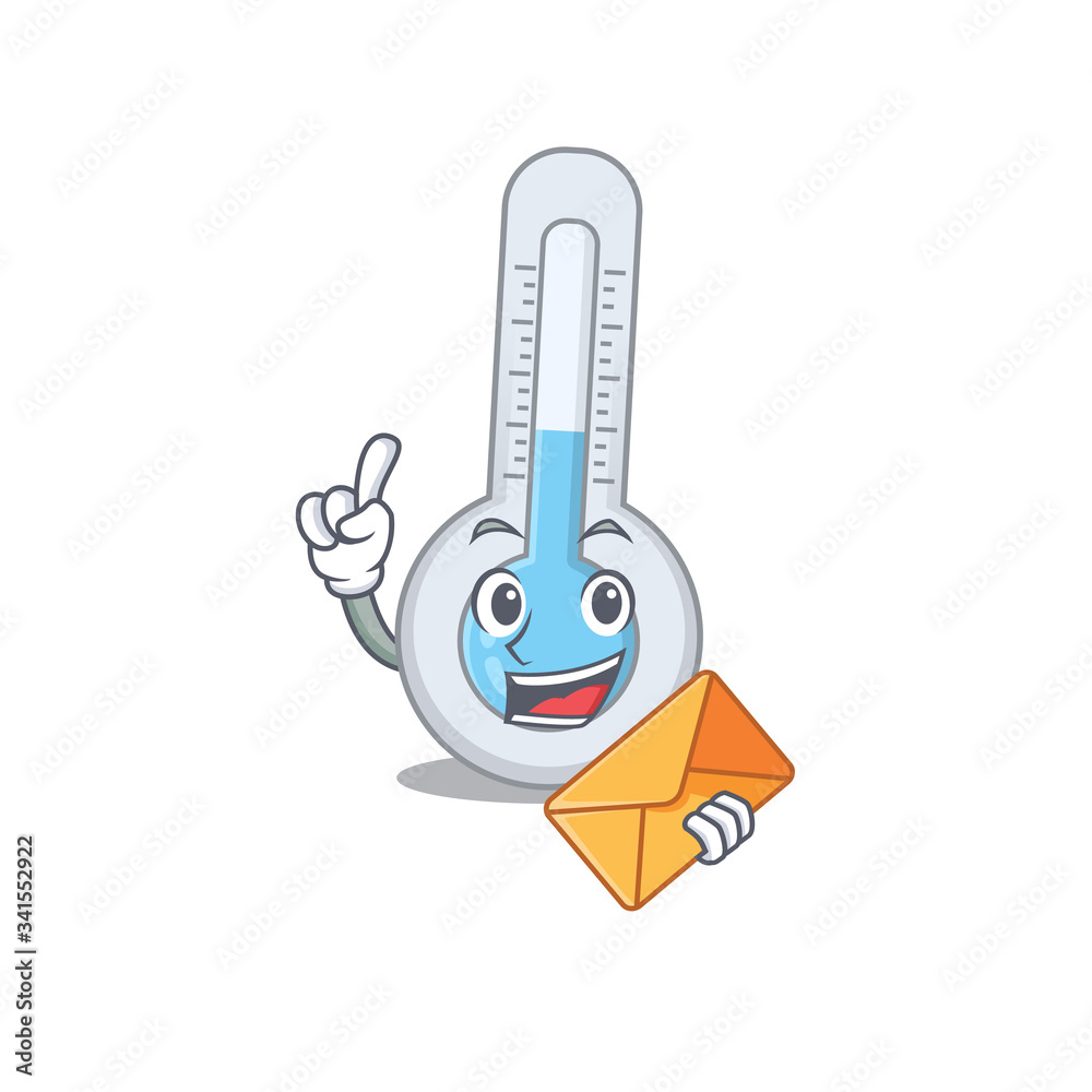 Happy cold thermometer mascot design concept with brown envelope Happy cold thermometer mascot design concept with brown envelope