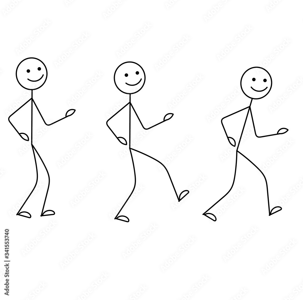 Happy stick man stands, walks, runs isolated on white background Happy stick man stands, walks, runs isolated on white background