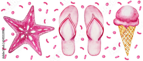 Set of watercolor illustrations in pink color. Starfish, flip flops, ice cream and confetti decor.