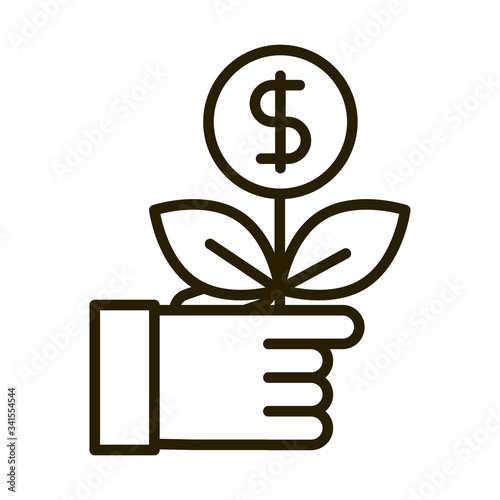 hand with plant money business financial investing line style icon