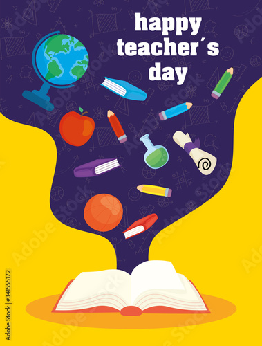 happy teachers day celebration with book and supplies