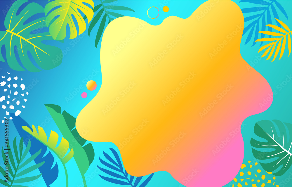 Abstract liquid gradient spots with tropical leaves. Set with abstract elements for fashionable yellow, pink, orange, green, blue color design. Vector illustration on blue gradient background.