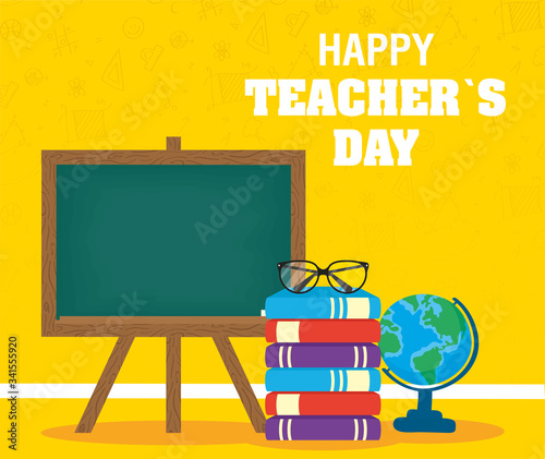 happy teachers day celebration with chalkboard and books