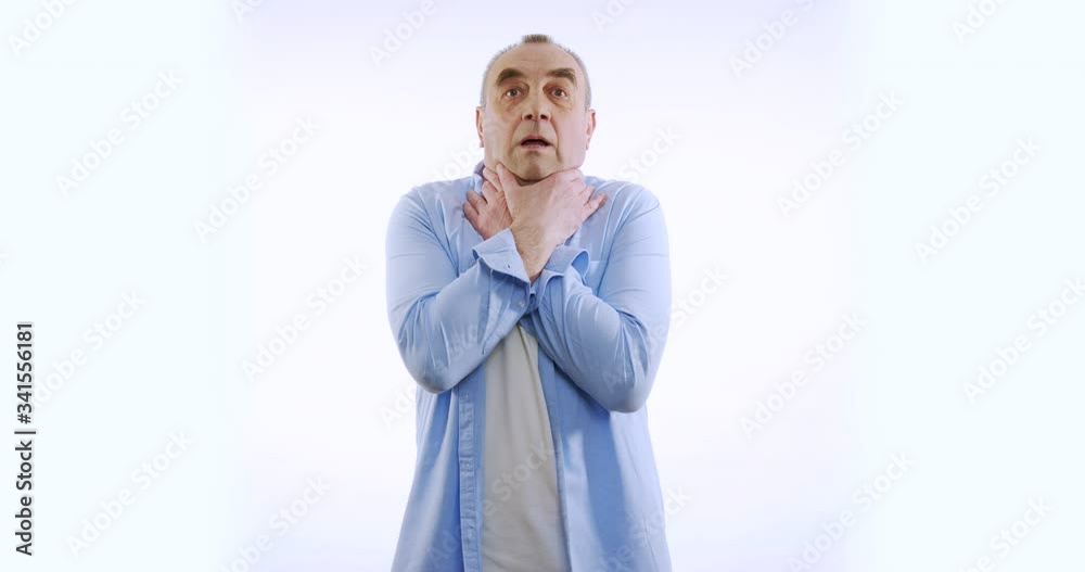 Old man suffocating and suffering sharp chest pain. Isolated on white. Old man suffocating and suffering sharp chest pain. Isolated on white.