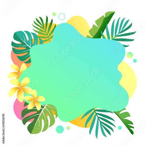 Abstract liquid gradient spots with tropical leaves. Set with abstract elements for fashionable green, turquoise, yellow, pink color design. Vector illustration on isolated background.