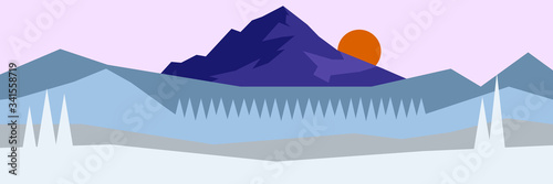 Vector landscape panorama with pine trees and mountain range in phantom blue color tones.