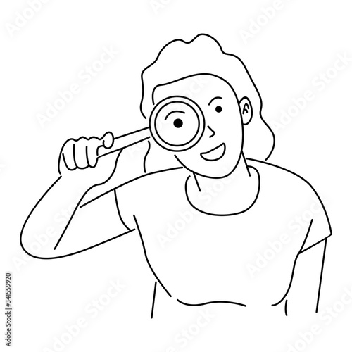 Young woman or girl holding a magnifying glass. Person showing magnifying glass search. Line art vector illustration