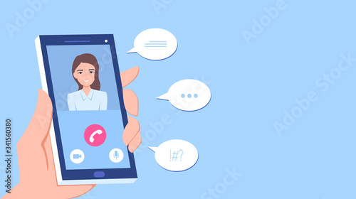 business woman video calling by smartphone in hand during corona virus pandemic quarantine in flat icon design