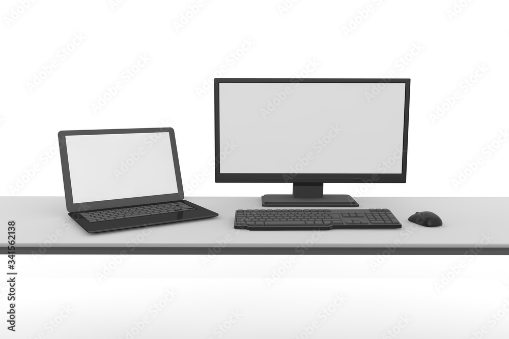 Computer on the desk. Use a personal computer for telework. Use two computers. 3D rendering Computer on the desk. Use a personal computer for telework. Use two computers. 3D rendering