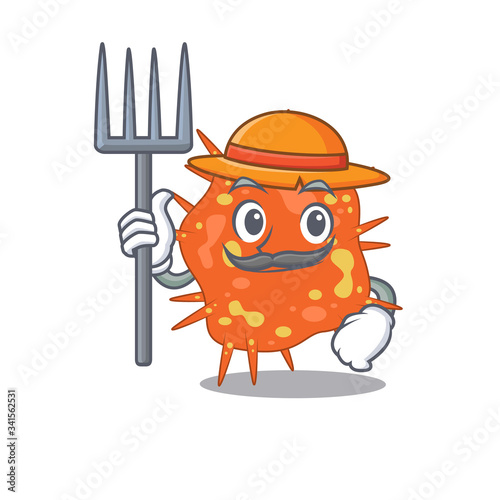 Cartoon character design of burkholderia mallei as a Farmer with hat and pitchfork