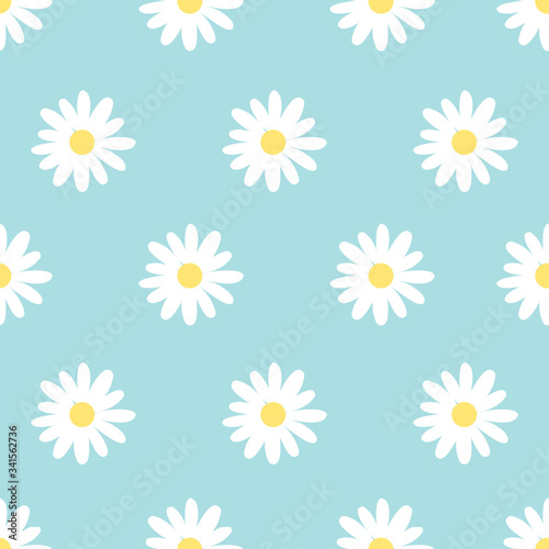 Cute camomile seamless pattern on blue background.