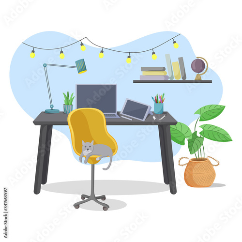 Home office, workspace interior or freelance working space. Vector illustration.
