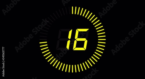 Digital countdown clock, 20 seconds with numbers and circle marking time, 30fps