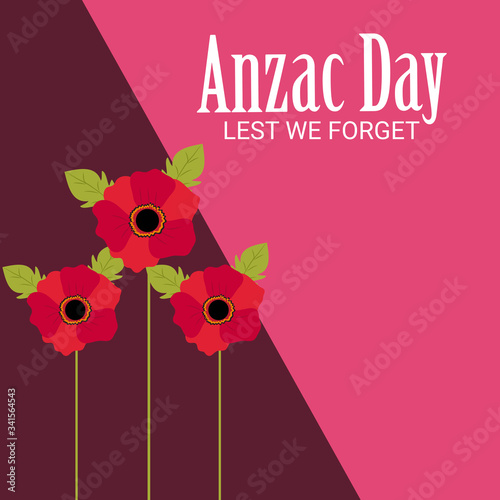 Vector illustration of a Background for Anzac Day with poppies and text Lest we forget.