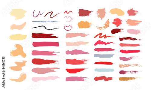 Makeup products swatches set. Pink, red, beige pastel brush strokes and stains, lipstick and blush texture. Vector illustration for face and beauty care, color cosmetics, fashion concept