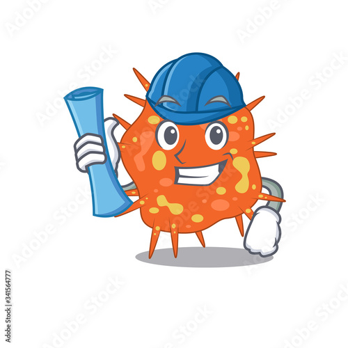 Cartoon character of burkholderia mallei brainy Architect with blue prints and blue helmet