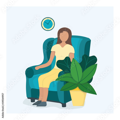 Character female sitting chair with green leaf pot, woman rest and sleep isolated on pink, flat vector illustration. Cozy modern interior.
