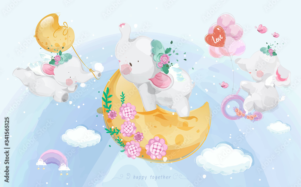 A cute little Elephant in colorful watercolor style Set.
