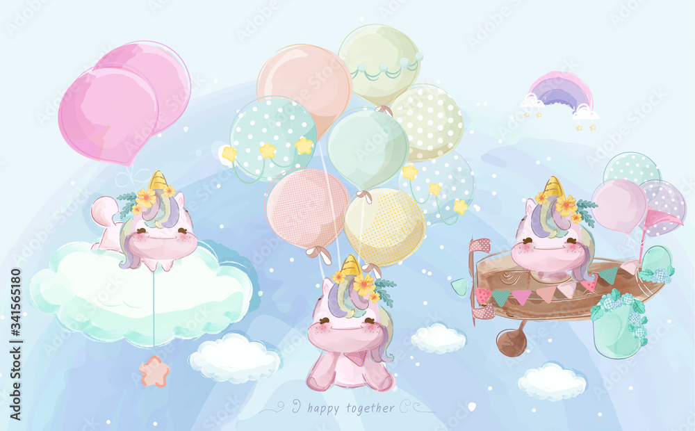 A cute little unicorn in colorful watercolor style Set.