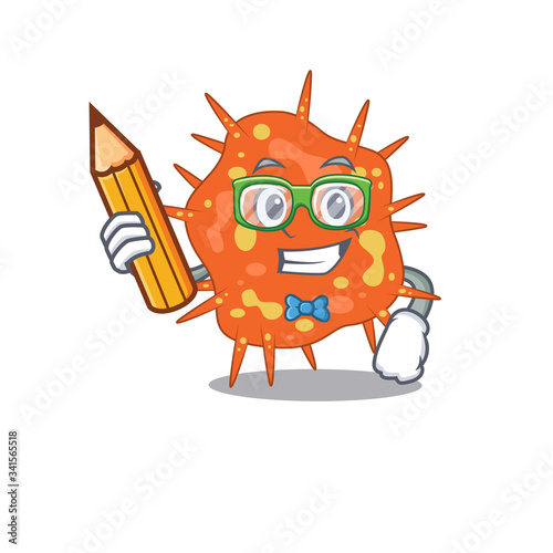 A brainy student burkholderia mallei cartoon character with pencil and glasses