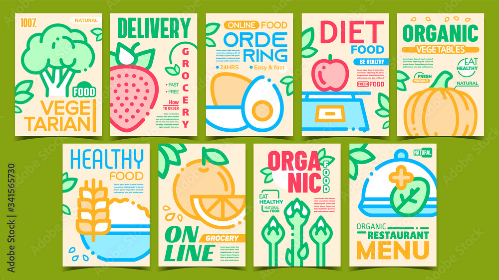 Healthy Organic Food Advertise Posters Set Vector. Collection Of Promo Banners With Asparagus And Pumpkin, Orange And Strawberry, Porridge And Eggs. Concept Template Stylish Colorful Illustrations