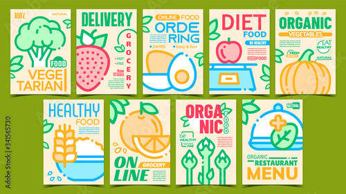 Healthy Organic Food Advertise Posters Set Vector. Collection Of Promo Banners With Asparagus And Pumpkin  Orange And Strawberry  Porridge And Eggs. Concept Template Stylish Colorful Illustrations