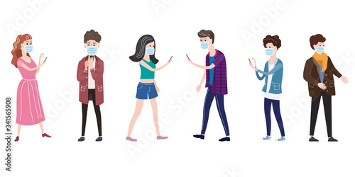 Set characters young people wearing medical face masks protect themselves from COVID-19 coronavirus outbreak spreading