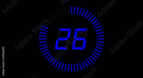 Digital countdown clock, 30 seconds with numbers and circle marking time, 30fps