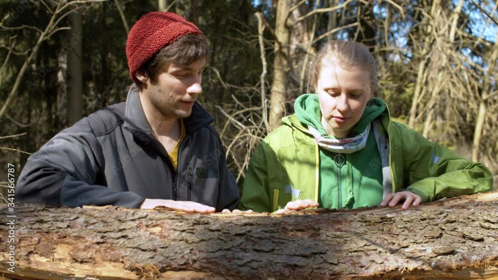 Happy couple near the trunk of a fallen coniferous tree in the forest in spring. The woman smells it. Sunny bright weather, bare trees, green fir-trees. Healthy lifestyle concept Happy couple near the trunk of a fallen coniferous tree in the forest in spring. The woman smells it. Sunny bright weather, bare trees, green fir-trees. Healthy lifestyle concept