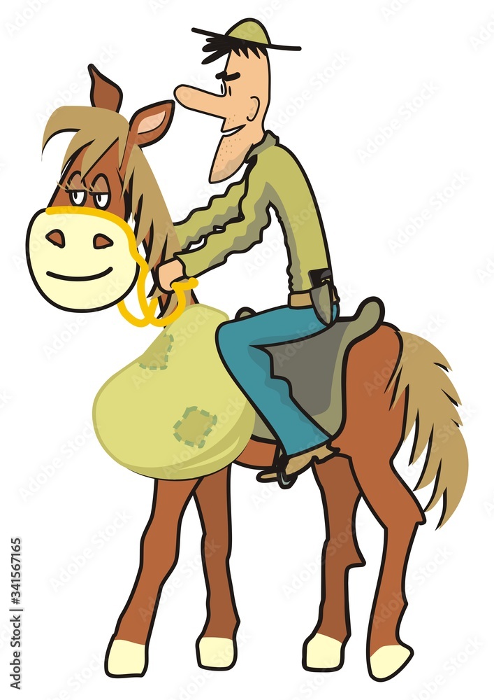 cowboy with horse in desert, smiling vector illustration