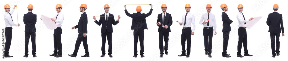 panoramic photo collage of confident architect isolated on white panoramic photo collage of confident architect isolated on white