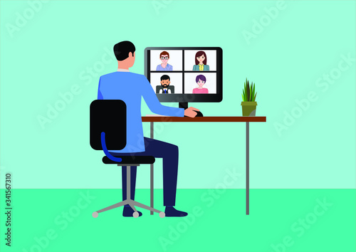 Online video call vector illustration. Start webinar meeting with team during the lock down. People are joining video call from any ware with technology. Continue work with technology like zoom call.