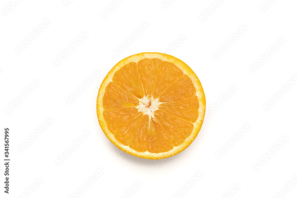 Top view close up of cut orange in white background isolated with seed Top view close up of cut orange in white background isolated with seed
