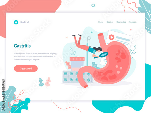 Diagnosis and treatment of gastritis. Stomach health medical concept. Web page design template. Flat vector illustration.