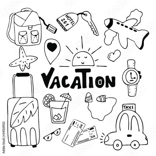 Hand drawn of Vacation black elements on white background. 