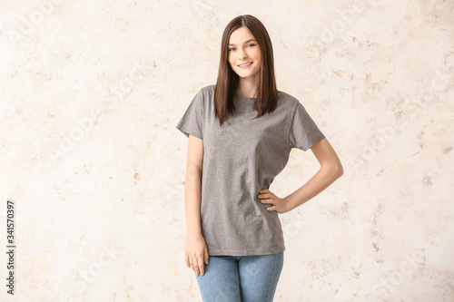 Woman in stylish t-shirt on...