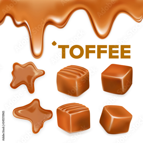 Caramel Toffee Candy Delicious Sweet Set Vector. Collection Of Different Form And Substance Confectionery Toffee. Cubes And Slowing Splash Dessert. Tasty Snack Template Realistic 3d Illustrations