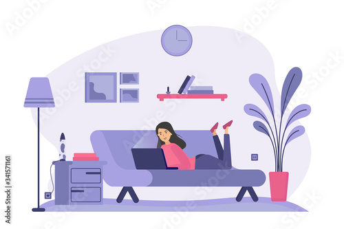 Woman lying on couch and using laptop. Computer user chatting online, working at home, buying on internet. Vector illustration for communication, staying at home concept