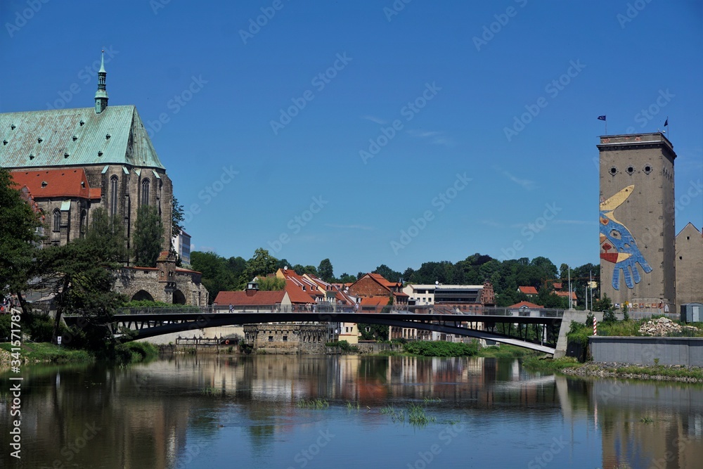 Panorama of Lusatian Neisse, old town bridge and St. Peter church in Goerlitz