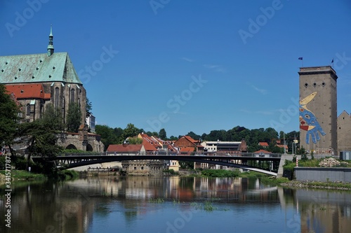 Panorama of Lusatian Neisse, old town bridge and St. Peter church in Goerlitz