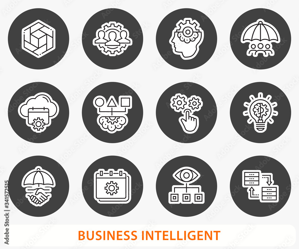 Business Intelligence icon set. Vector illustration. Round button.