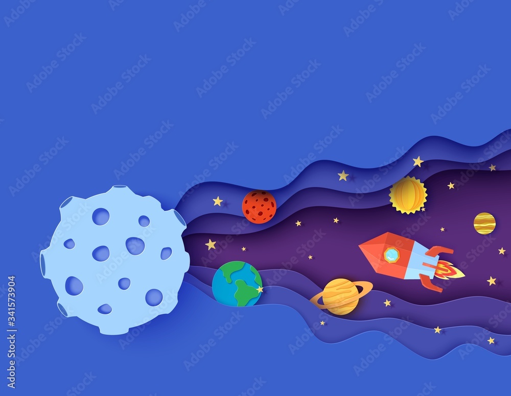 Space with red rocket and planets in paper cut style. Cut out 3d ...