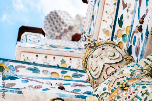 One corner of the giant temple of Arun that is raising the base of Phra Prang Wat Arun, Arun temple Bangkok Thailand.