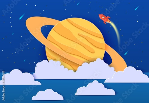 Red rocket launch in space in paper cut style. Absrtact galaxy universe landscape 3d craft background. Cutout spacecraft shuttle fly around Saturn planet. Cute vector card for educational kids poster