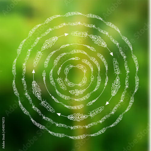 Vector tribal mandala art. Illustration of ethnic feathers, perfect for prints, posters. Boho style art, white line on abstract nature background. Set of round frames, hand drawn doodle style