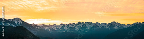 panorama of Mountain peaks landscape at sunset.
